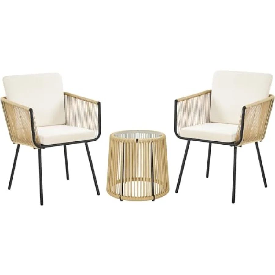 3 Piece Patio Rattan Bistro Set for Poolside/Porch/Garden/Yard: All Weather PE Wicker, Tan/Cream, Tempered Glass Top Table Cush
