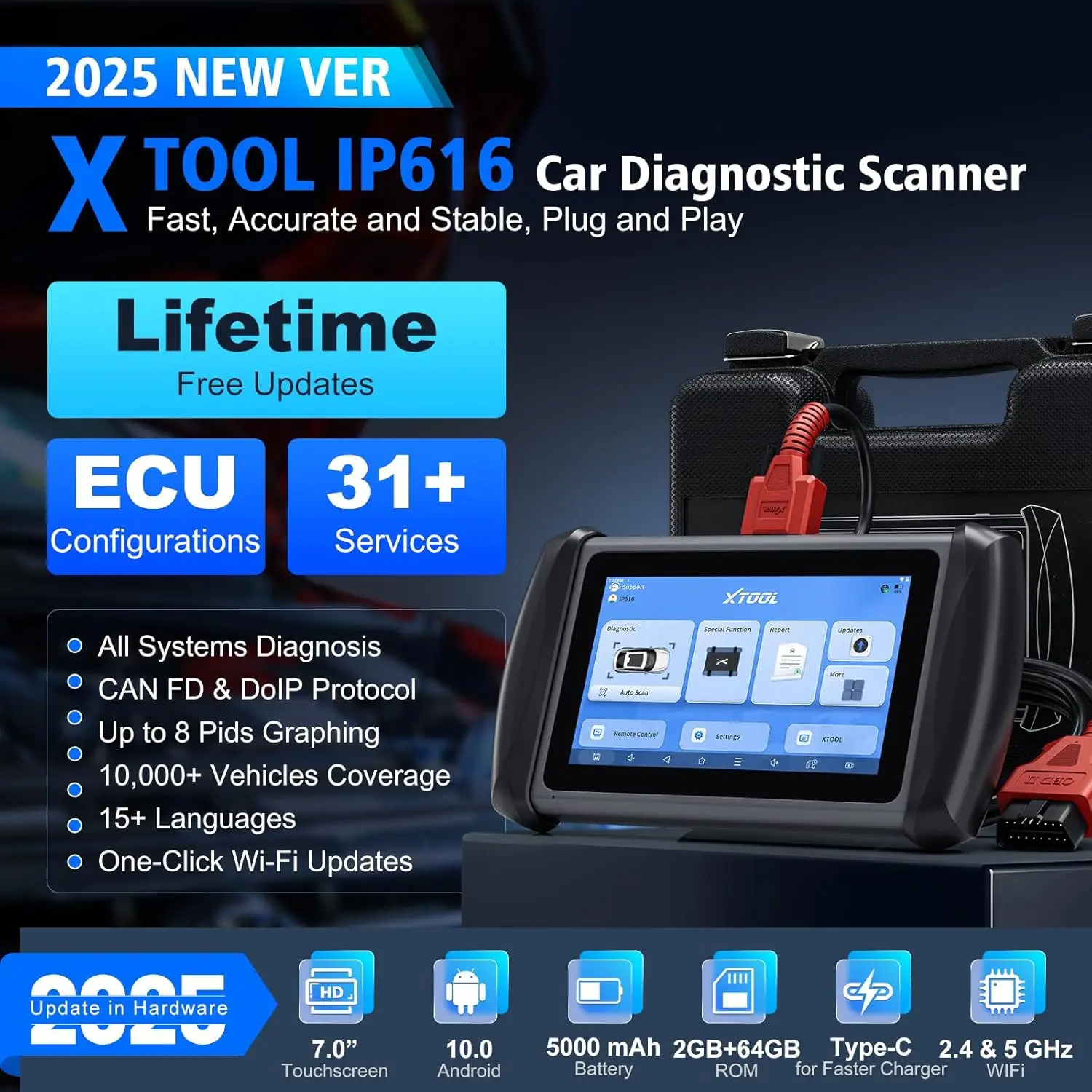 XTOOL InPlus IP616 Car OBD2 Diagnostic Tool All System Diagnosis 31+ Resets ABS Bleeding ECU Configuration CANFD Lifetime Update