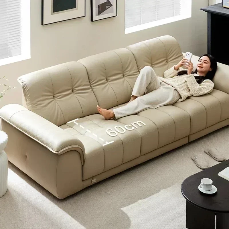 1-shaped Minimalist Modern Genuine Leather Cloud Sectional Lazy Couch Living Room First Layer Cowhide Straight Row Petal Sofa