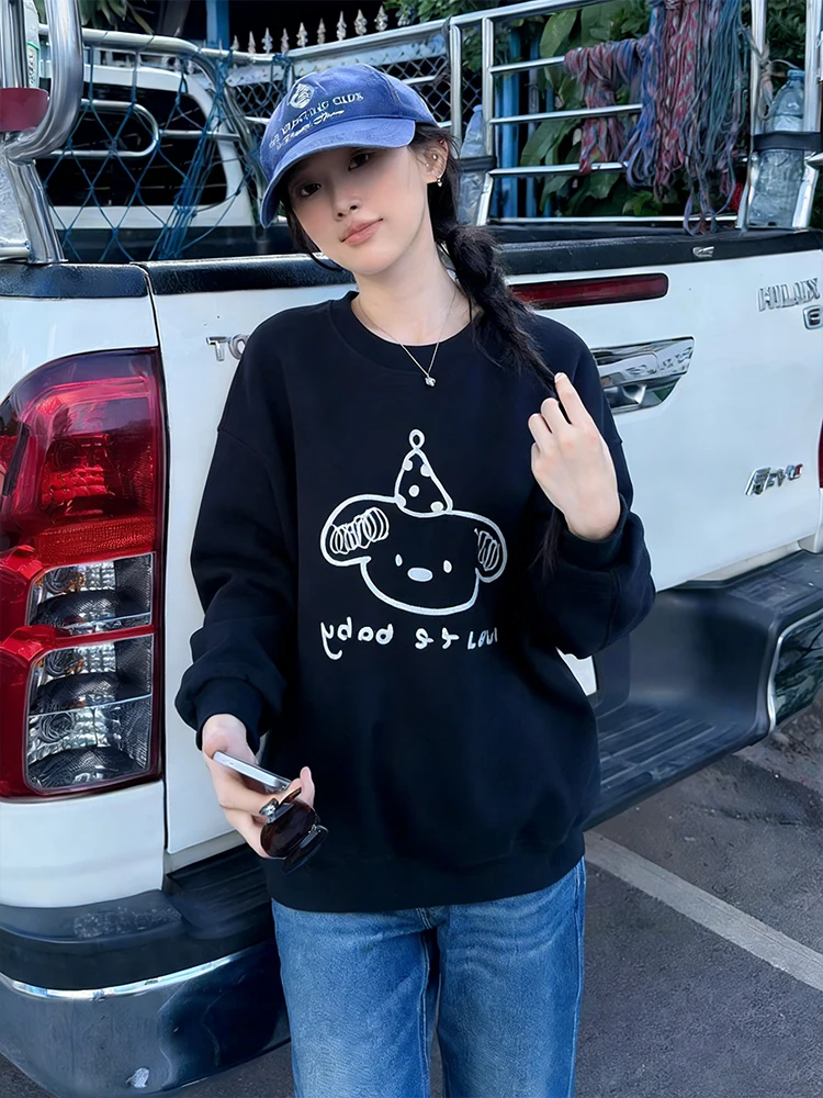 

Korean Chic Pure Cotton Long Sve round Ne Sweatirt Women Early Spring Dog Print Loose Slimming Lazy Sle Couple Top