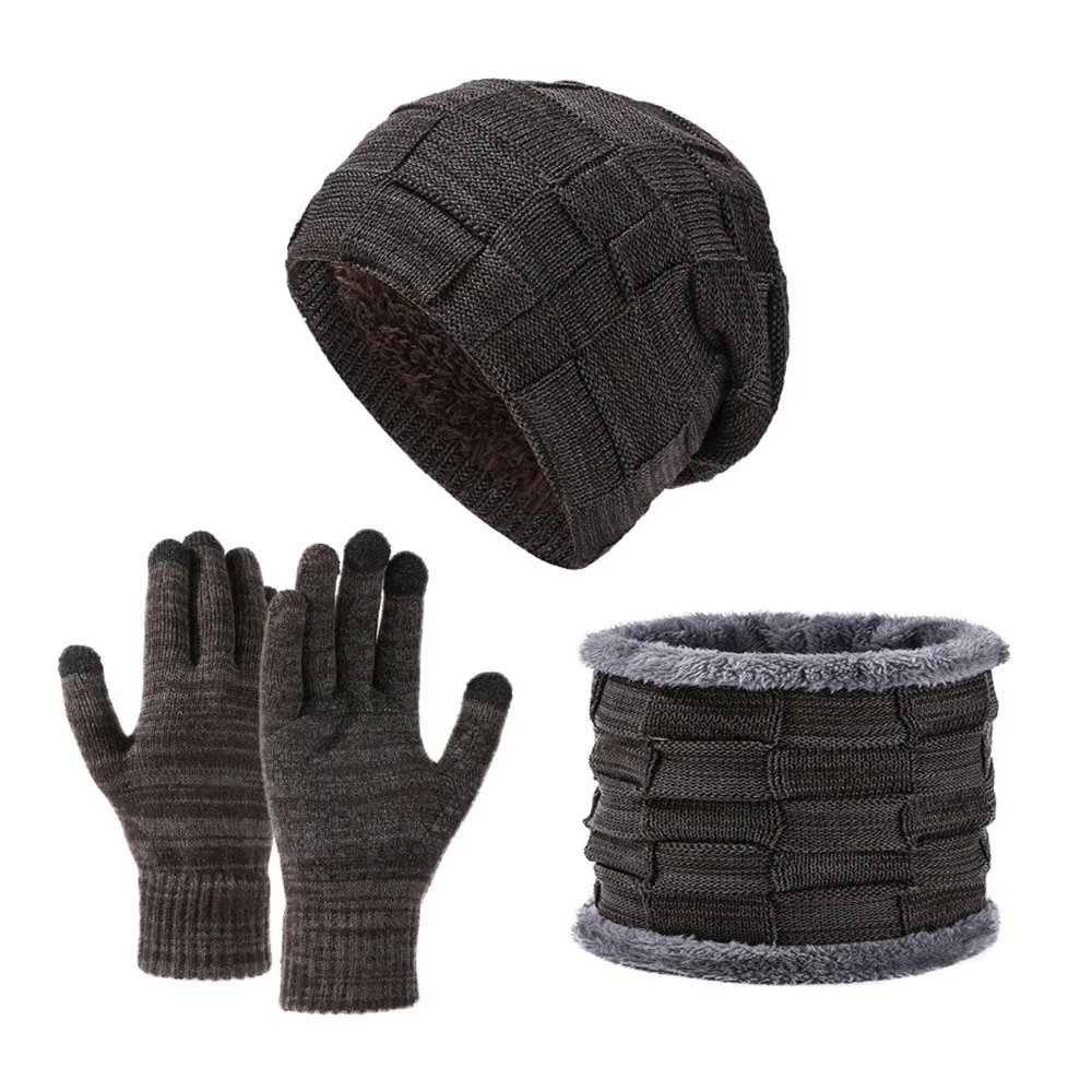 3Pcs/Set Warm Winter Hat Scarf Gloves Set Thicken Lining Scarf Neck Warmer Suit Elastic Windproof Knit Beanie Snood Set