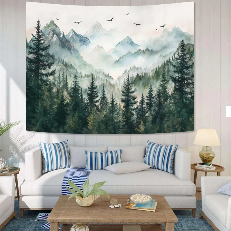 VIKAMA Watercolor Misty Mountain Pine Forest Tapestry Blue Green Nature Landscape Wall Hanging Living Room Bedroom Decor