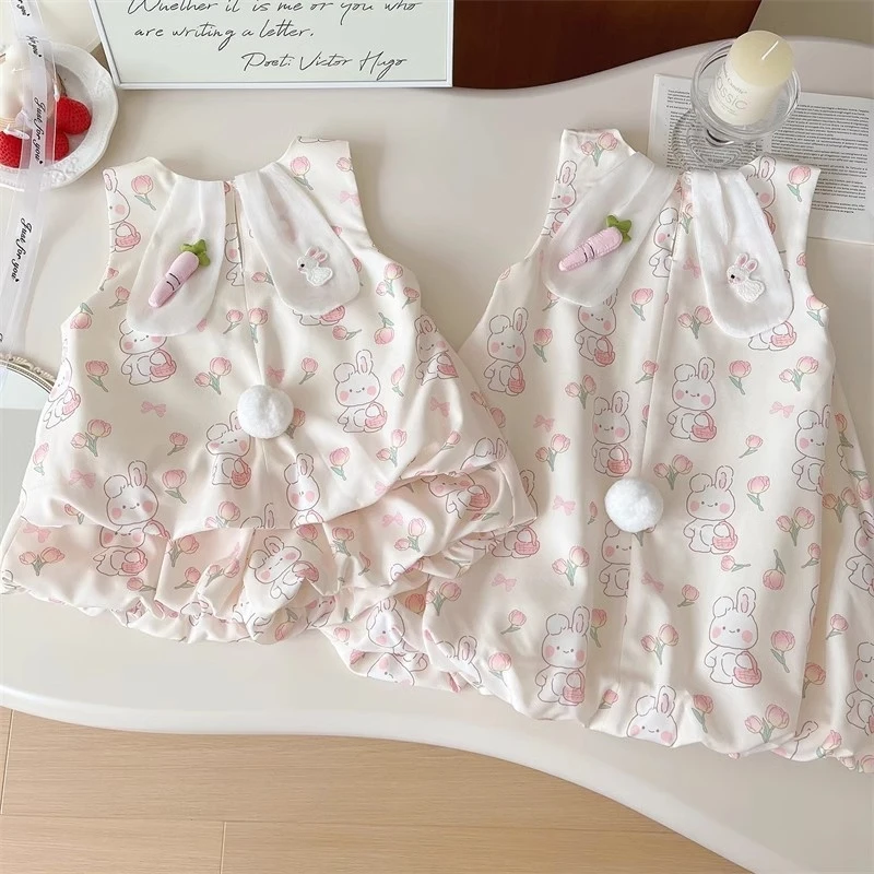 Summer New Girls' Cartoon Bunny Ear Bud Skirt Sister Matching Outfit Dress Wholesale