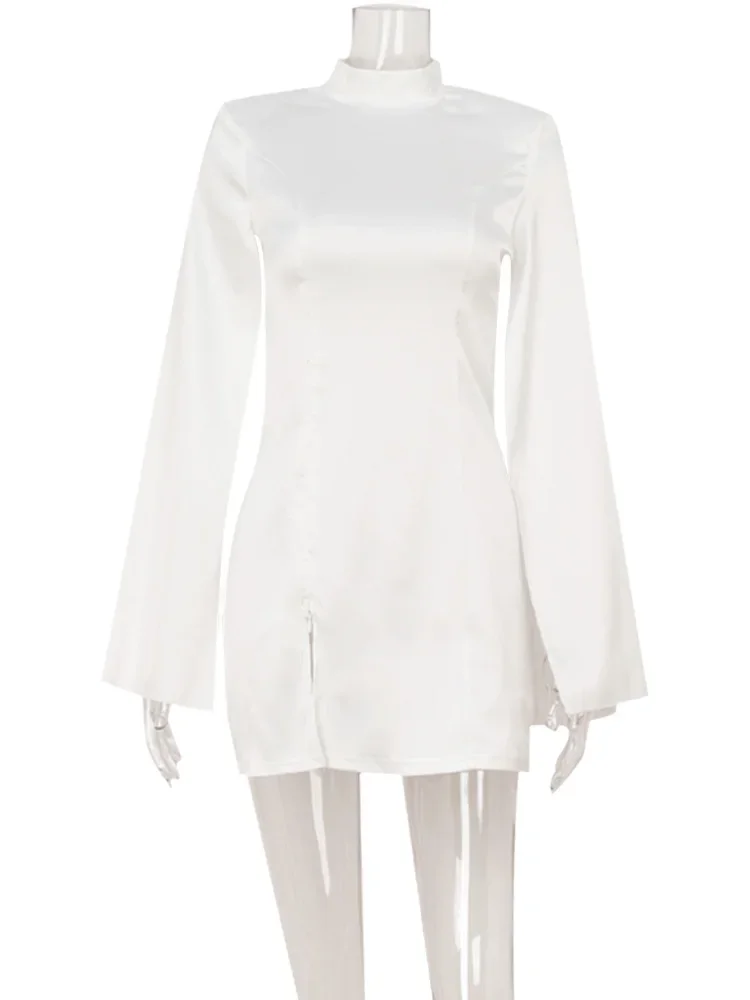 Ladies' mini dress, pure color long flared sleeves high-neck tight satin fashion slit party slim-fitting ladies' long gown