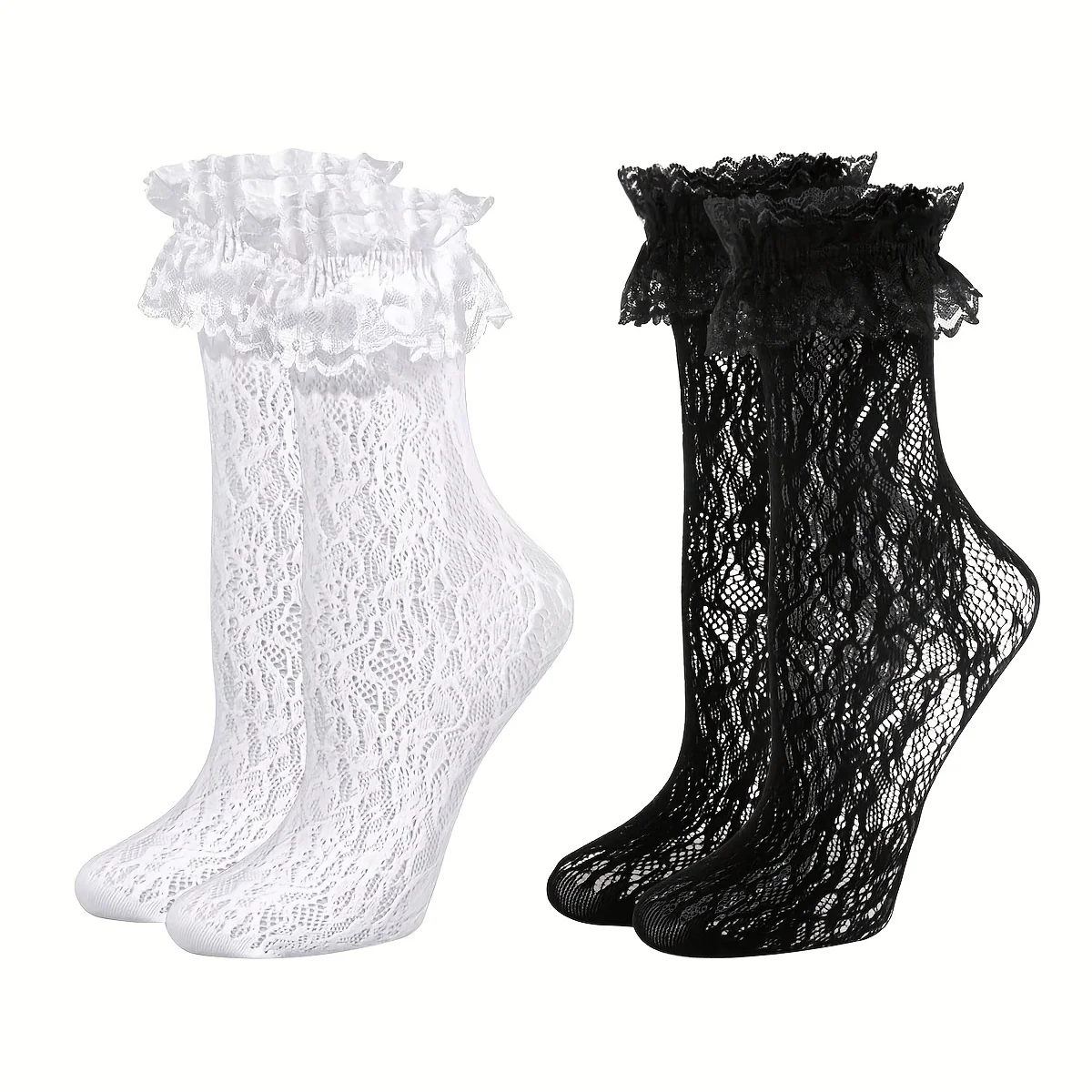 2-Pack Breathable Polyester Women's Ruffled Lace Ankle Socks | Spring/Summer Casual Socks with Bow Accents in White & Black