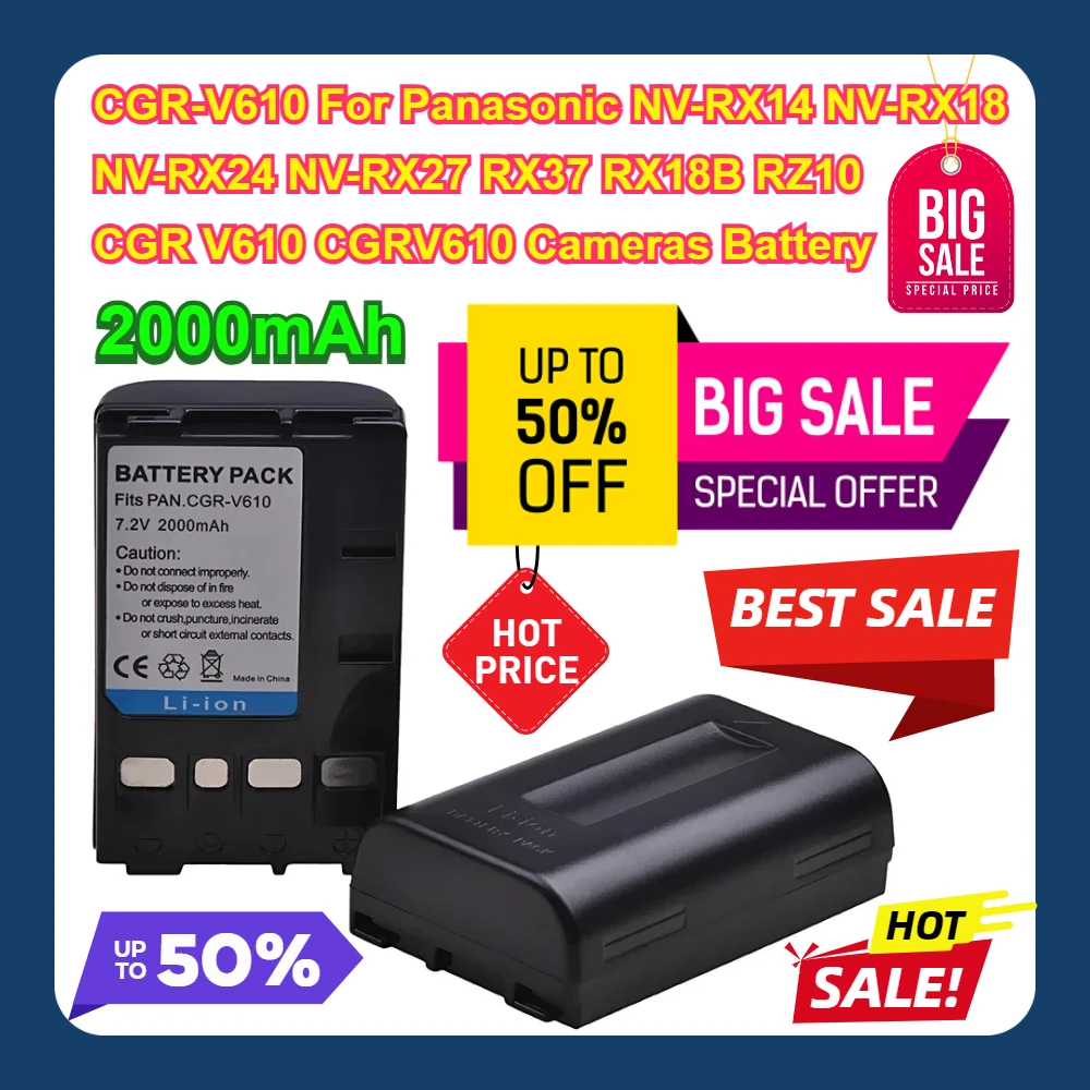 

2000mAh CGR-V610 For Panasonic NV-RX14 NV-RX18 NV-RX24 NV-RX27 RX37 RX18B RZ10 CGR V610 CGRV610 Cameras Battery