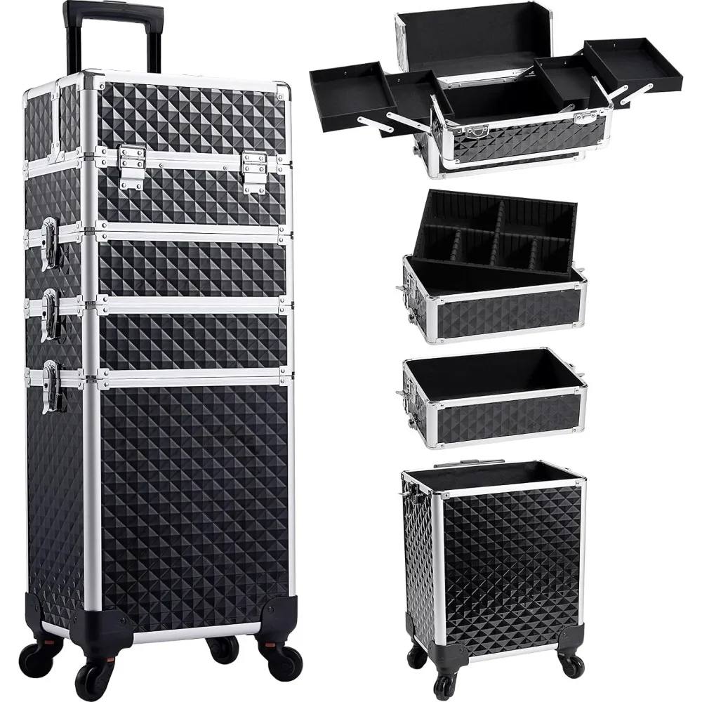 

Professional Rolling Makeup Case with Wheels, 4-in-1 Makeup Train Case, Cosmetic Makeup Trolley Cart Travel Cosmetology Case