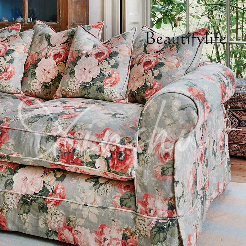 American retro home fabric three-person sofa small apartment living room solid wood large double soft bag sofa