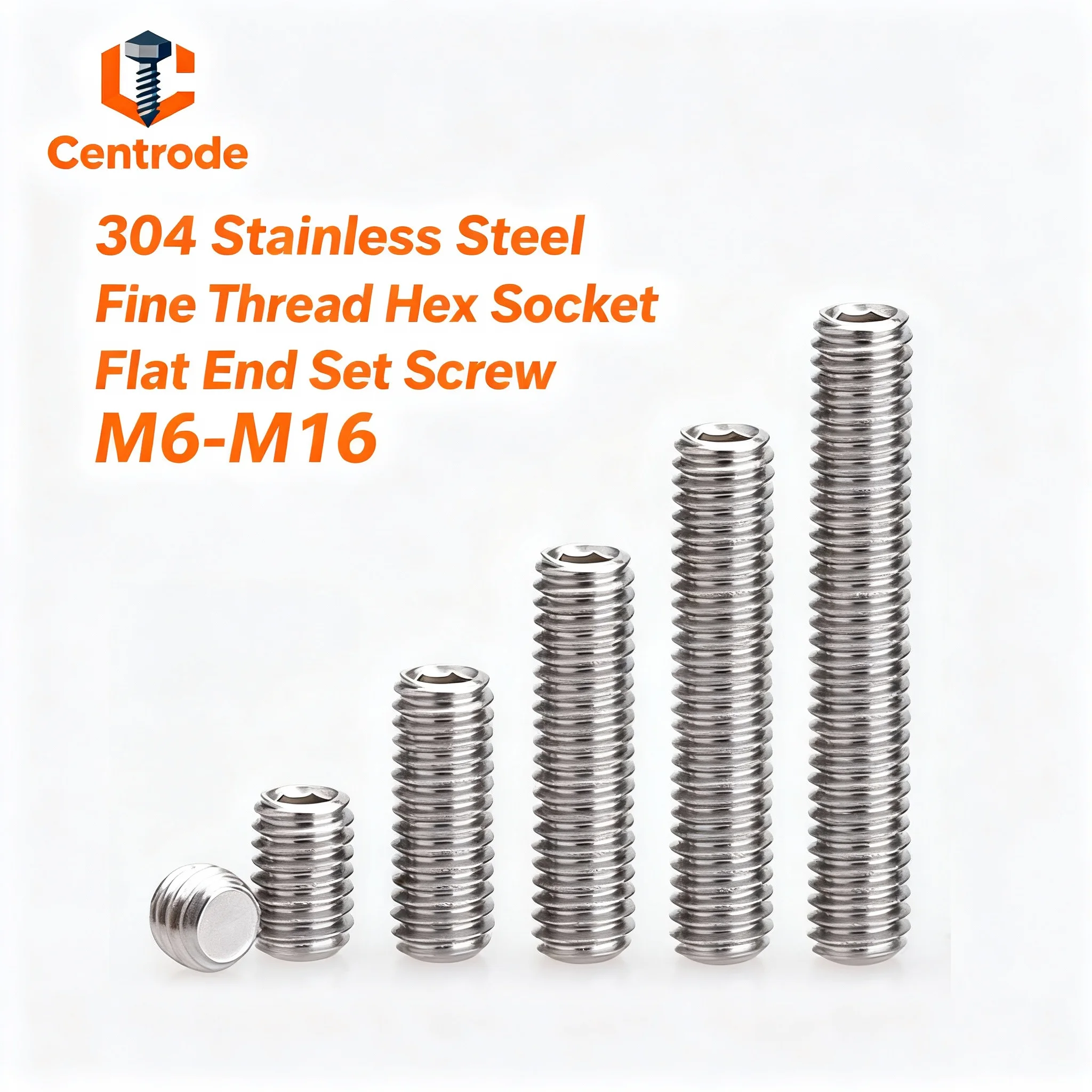 304 Stainless Steel Fine Thread Hex Socket Flat End Set Screw | M6 M8-M16 Assortment
