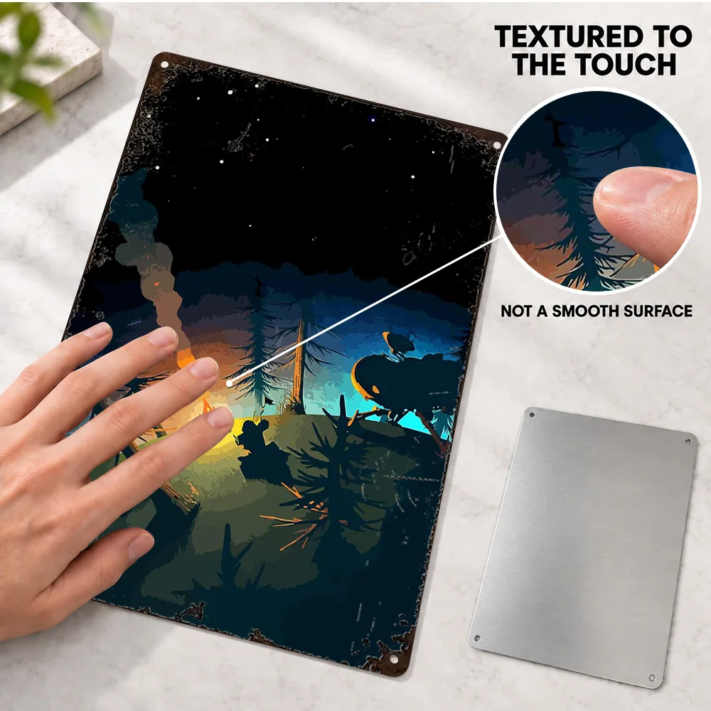 Astronaut Campfire Printed Poster Customized Aluminum Metal Sign Surreal Cosmic Illustration Wall Art For Bedroom Birthday Gift