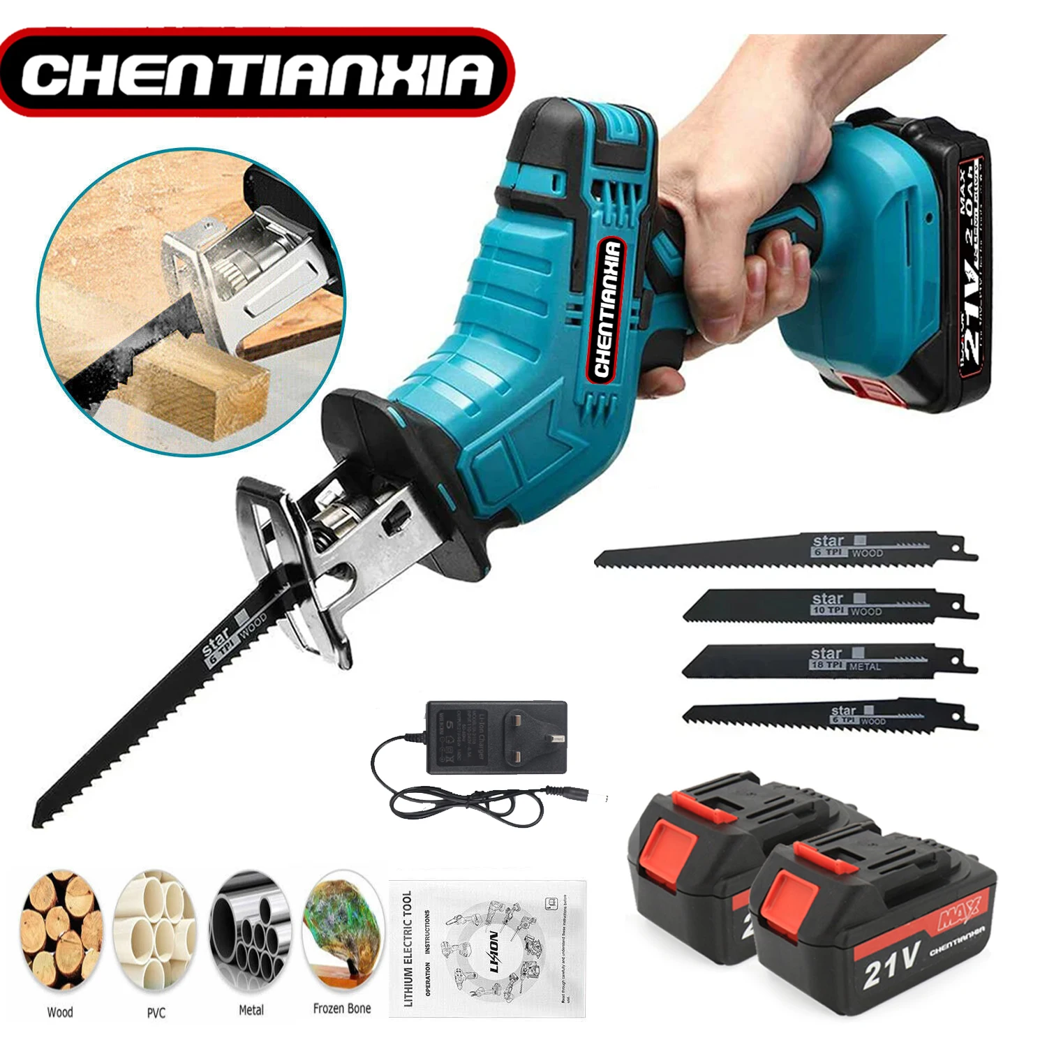 2 Battery 21V Reciprocating Saw Cordless Hand Electric Wood Metal Cutter 4-Blade