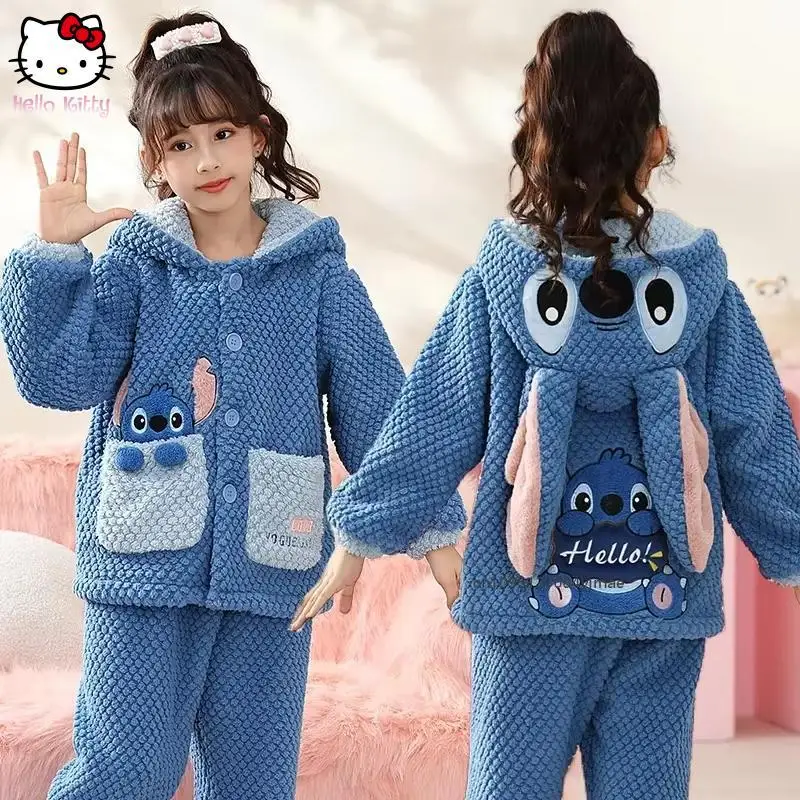 

Disney Stitch Winter Warm Thickened Pajamas Suit Clothing Plush Sleepwear Kid Anime Figure Coral Fleece Loungewear Tops Pants ﻿