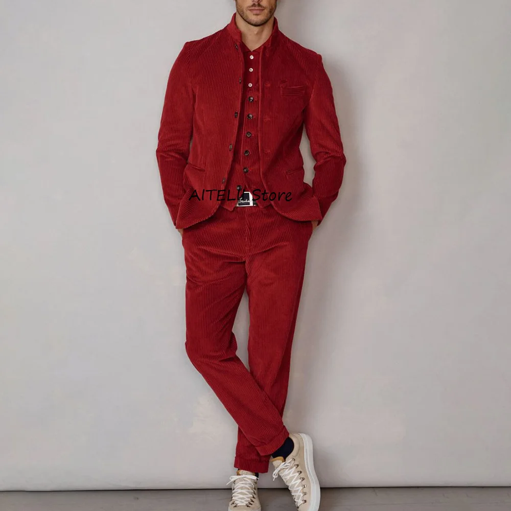 

Комплект из двух предметов из вельветовой ткани, стильный классический мужской костюм с воротником-стойкой, модные костюмы с прямыми карманами, мужская социальная одежда