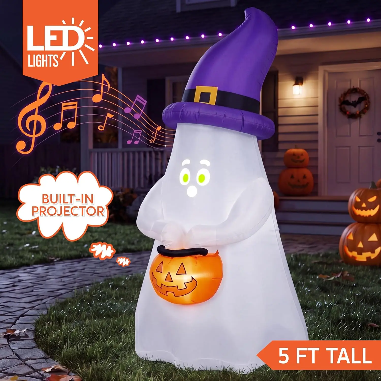 5FT Halloween Inflatable Witch Ghost Decor with Projector Face and Music Halloween Blow Up Yard Decoration with 8 Expressions Projection and Music Box for Party Outdoor Garden Lawn Decor