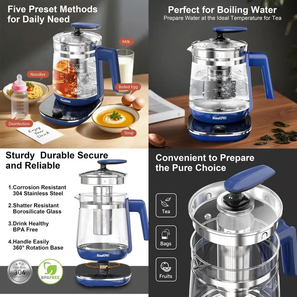 

1.5L Borosilicate Glass Electric Kettle - Auto Shut-Off, Blue, 1200W, BPA-Free for Hot Water & Tea