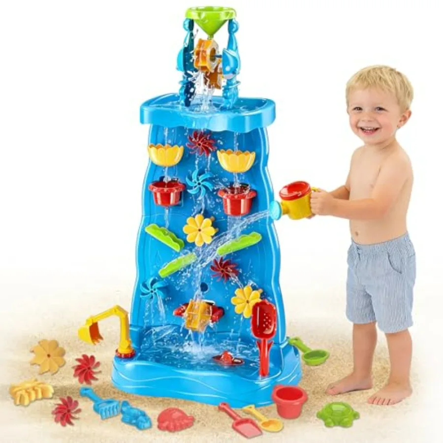 Outdoor waterfall explorating wall sensory table for toddlers, double-sided water and sand play, blue and yellow plastic, 35-pi