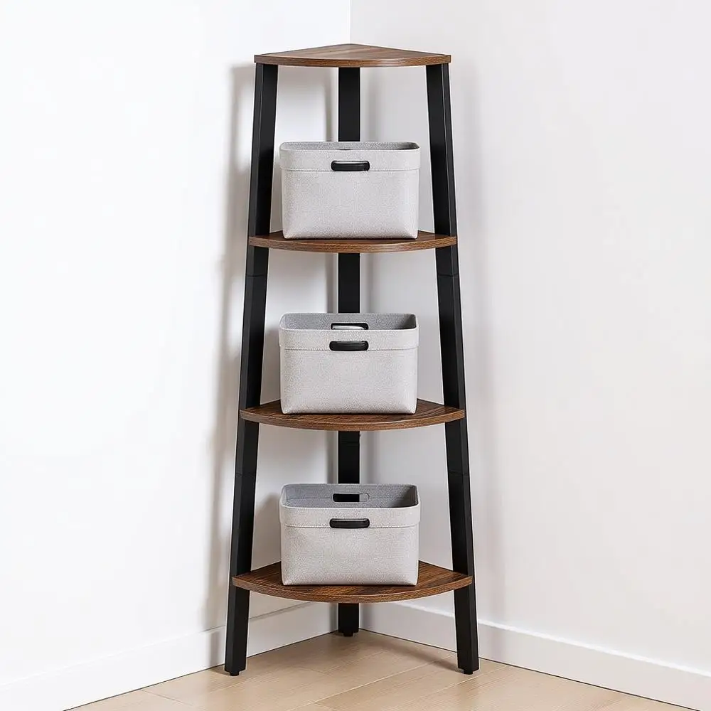 

4-ярусная книжная полка, промышленная полка-лестница, подставка для растений для гостиной, офиса, кухни, в деревенском стиле, коричнево-черная