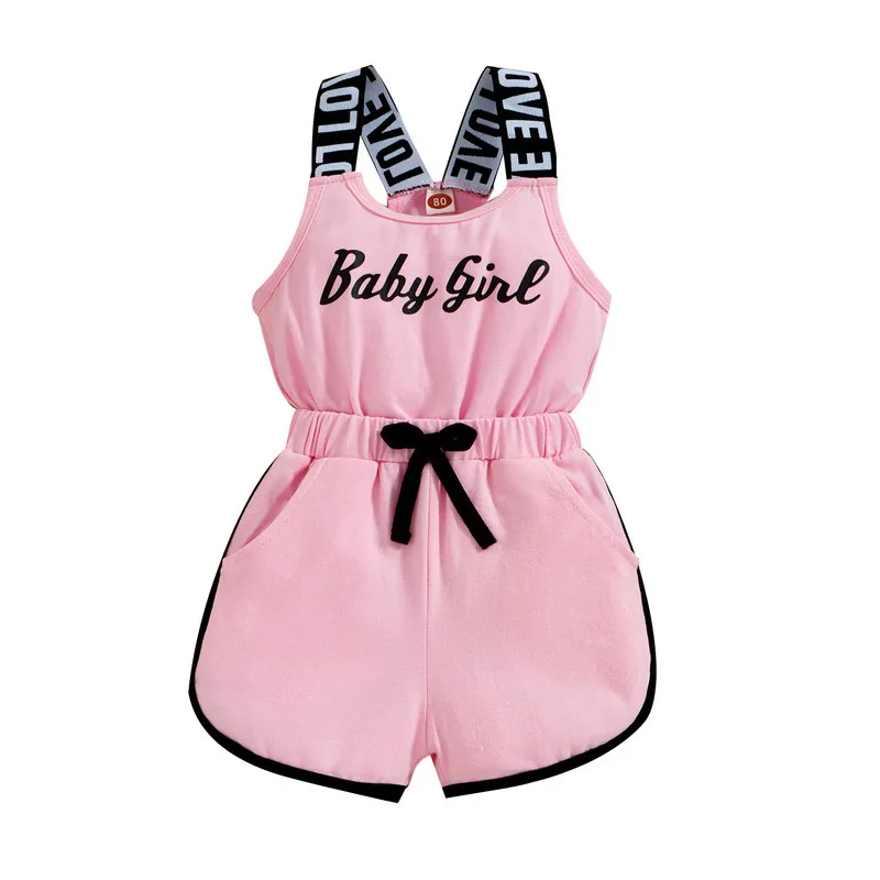 Toddler Baby Girls Summer Romper, Sleeveless Crew Neck Letter Print Elastic Waist Short Jumpsuit Clothes