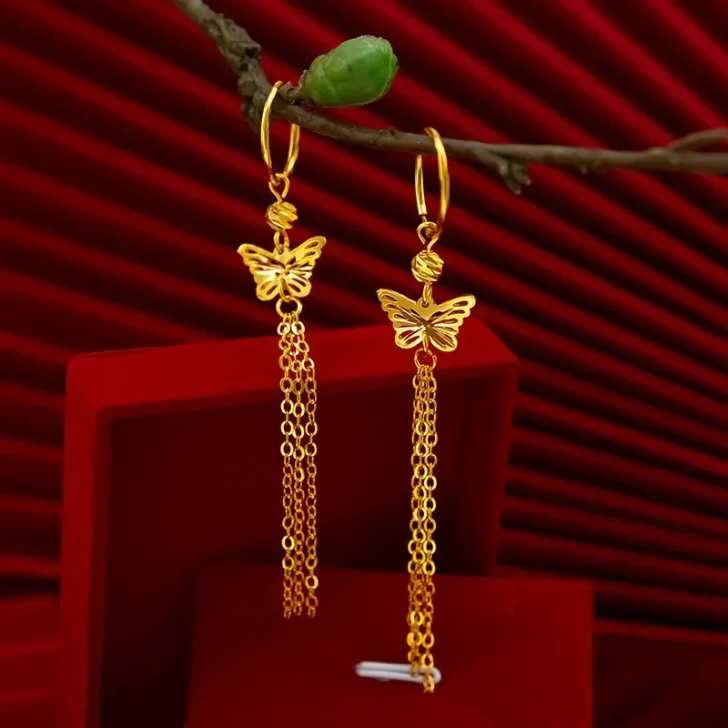

9999 Real Gold 24K Gold Women's Wedding Butterfly Earrings, Fashion Ethnic Style Retro Butterfly Tassel, Earrings Earrings