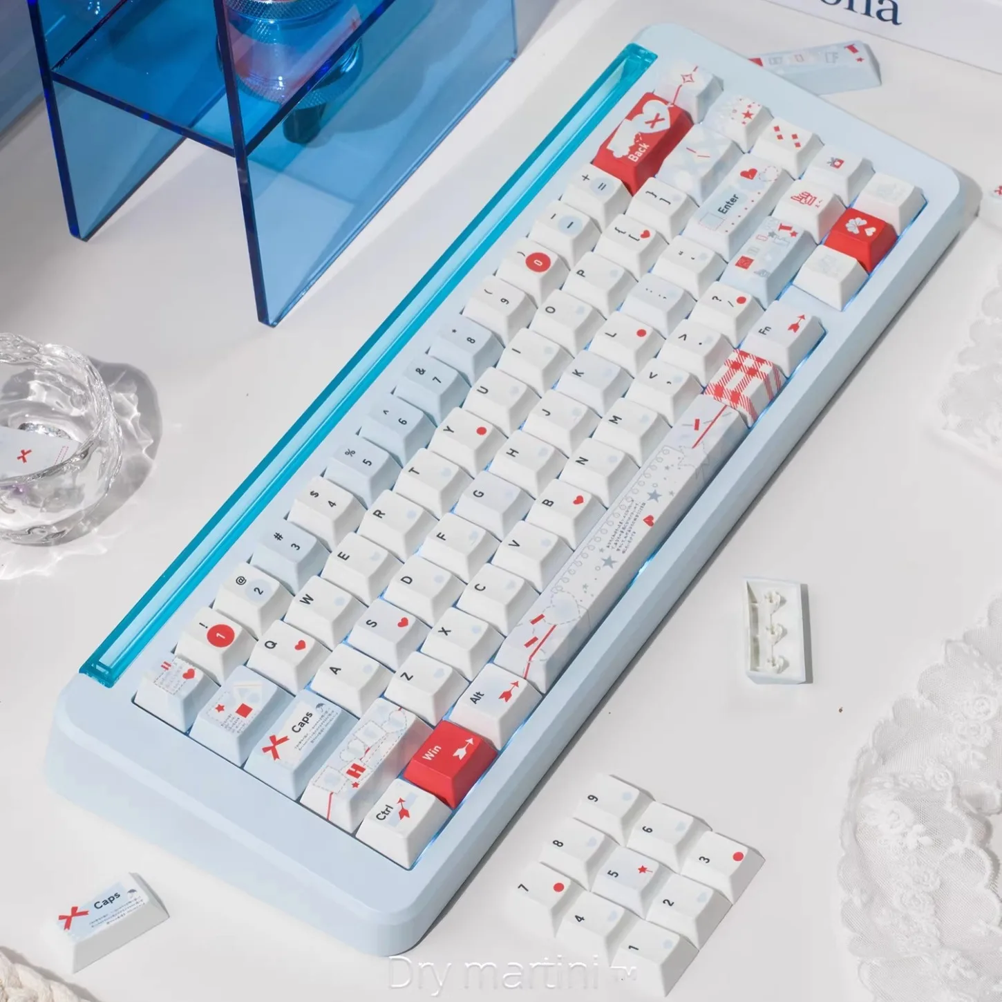 Whisper Themed Cherry Keychain Kit PBT 143 Key Minimalist Style Light Blue Adaptable Magnetic Shaft Mechanical Keyboard