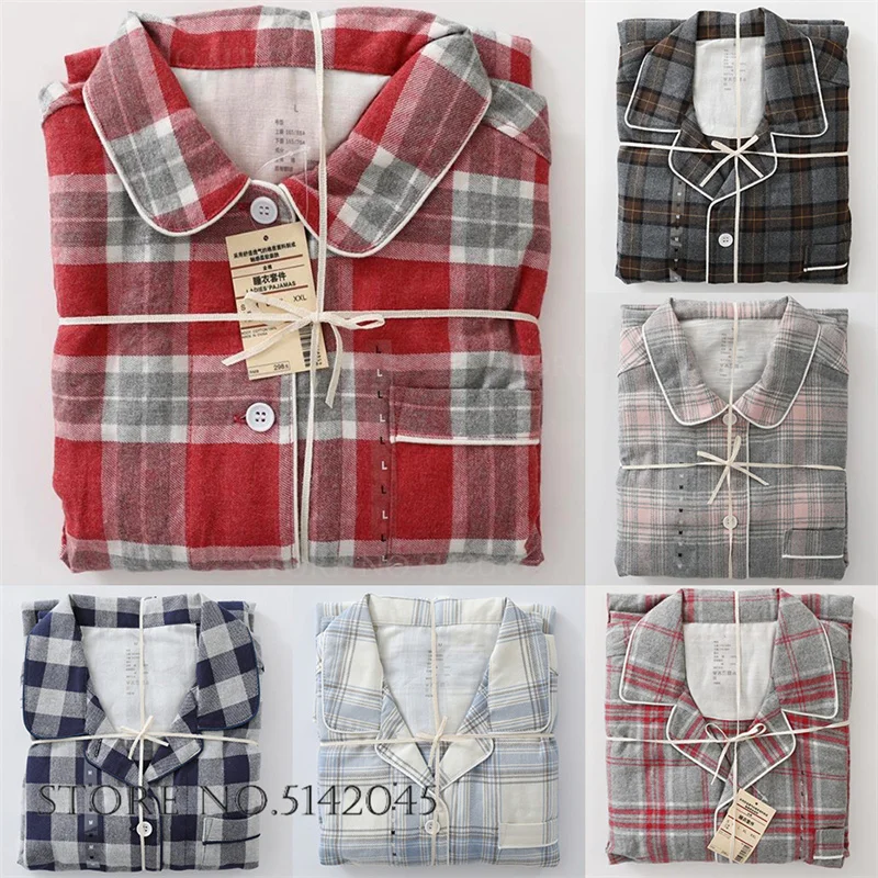 Spring Autumn 100% Cotton Pajamas Set Couple Sleepwear Burgundy Plaid Trouser Suits Nightwear Loose Casual Homewear Loungewear