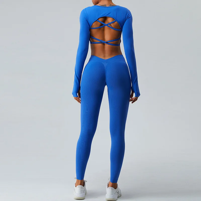 

YJ-Autumn and Winter New Long Sleeve Yoga Wear Suit Women Seamless Sexy Crossover Back-Beautifying Peach Hip Raise Yoga Pants