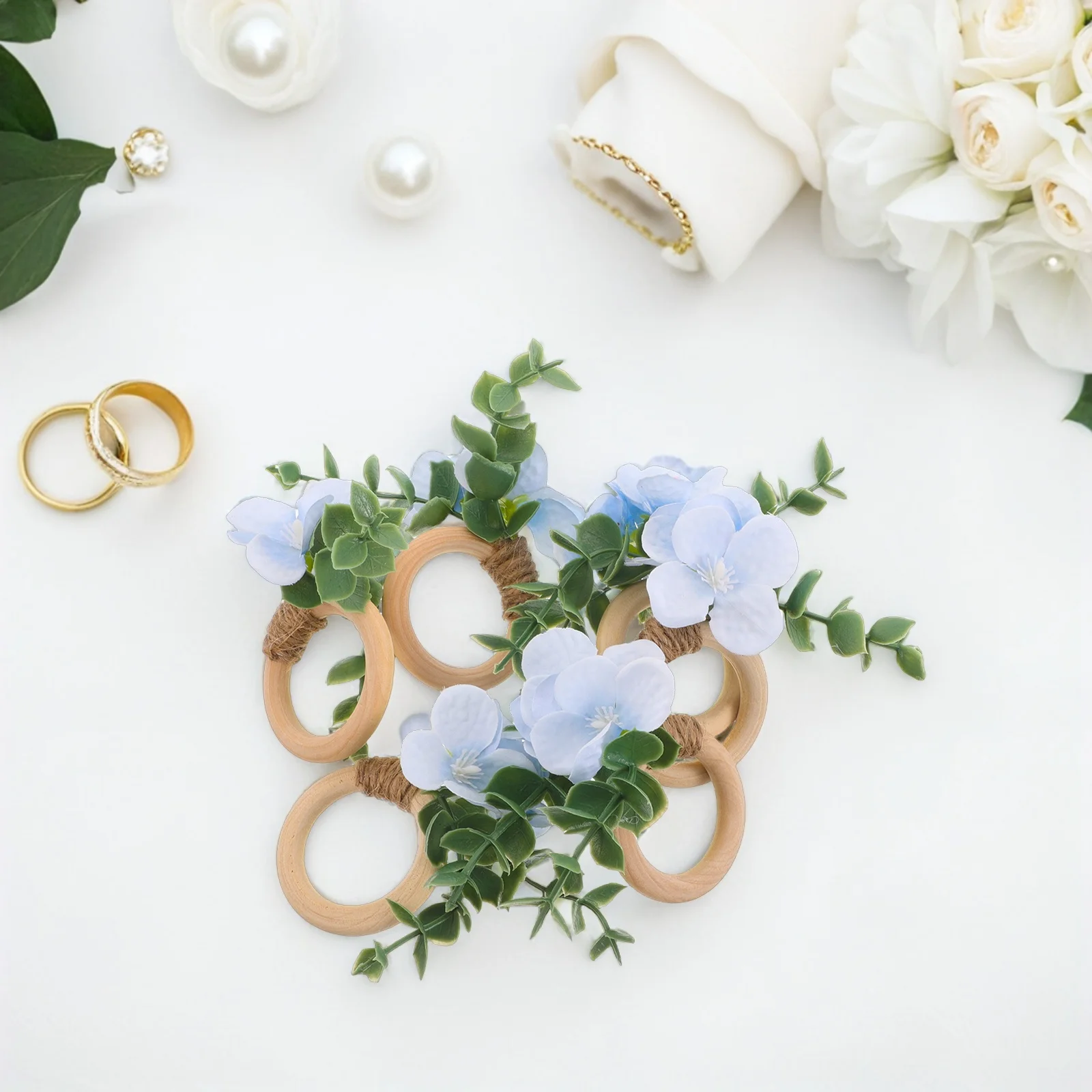 

6pcs Wedding Buckle Eucalyptus Leaf Flower Shape Holders Rings Boho Table Decor Summer Farmhouse Napkin Rings Wood Floral