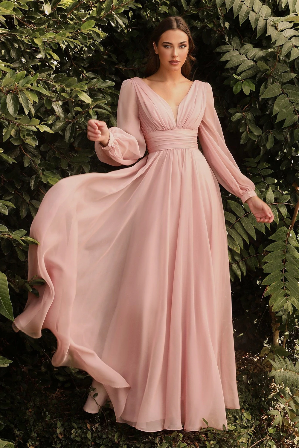 

Elegant Off-the-shoulder V-neck Chiffon Evening Dresses Pleated Corset Long Sleeves Formal Prom Dress A-line Ball Gown for Women