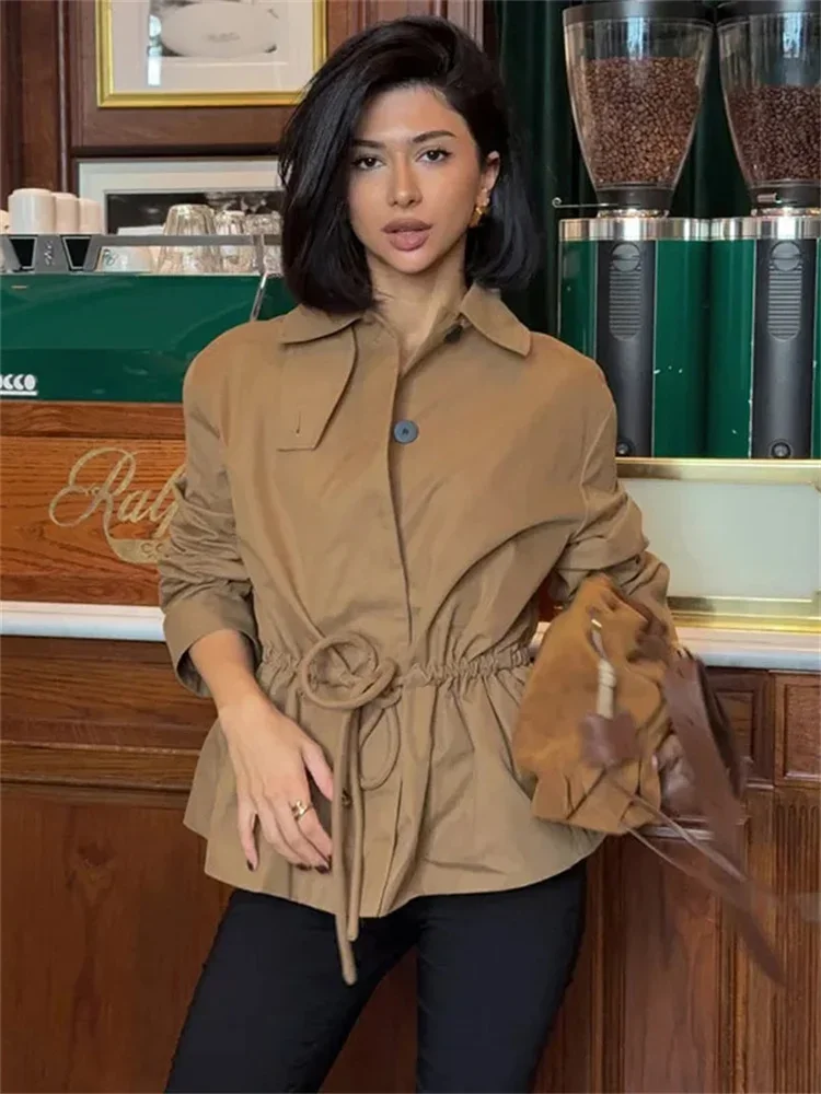 Casual Lace-Up Losse Jassen Jas Vrouwelijke Revers Lange Mouw Patchwork Pendelen Streetwear Voor Vrouwen Vintage Jassen Uitloper