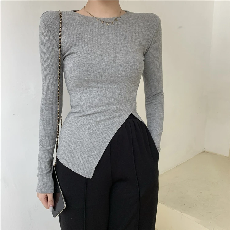 

Sweet Asymmetric Short Sleeve Women's T-shirt Ins Trendy Pleated Minimalist Design Long Sleeve Top Fashionable Crew Neck