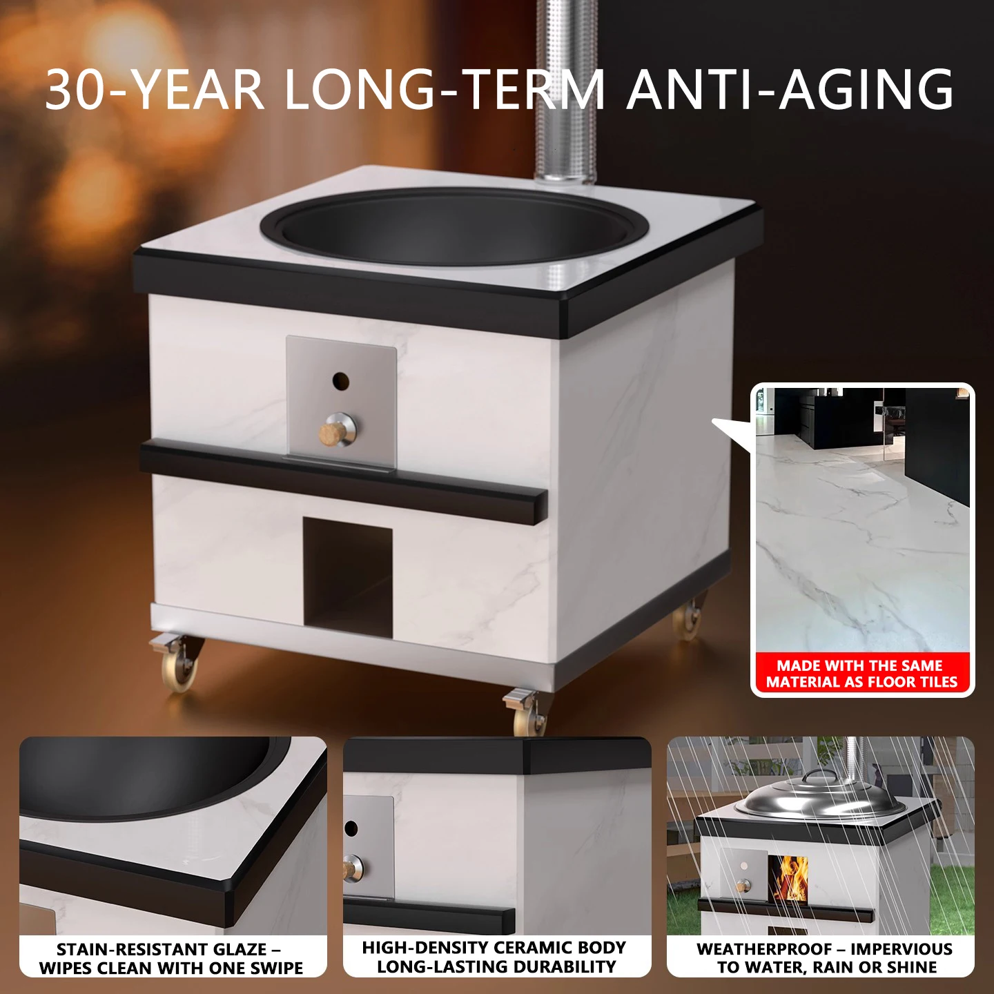 

Hot Selling Four-Wheel Movable Waterproof Multi-function Wood Burning Ceramic Camping Stove for All Seasons