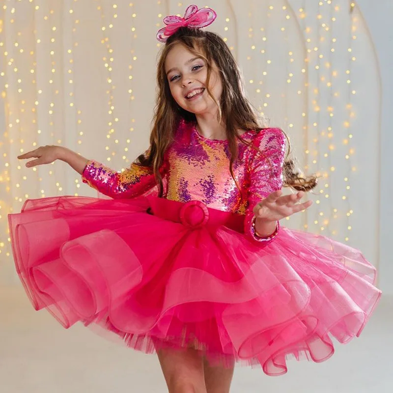 

2025 Girls Long Sleeve Princess Dress Magenta Sequin Gown for Piano Recital Fashion Show Sparkling Party Formal Wear Girl Dress