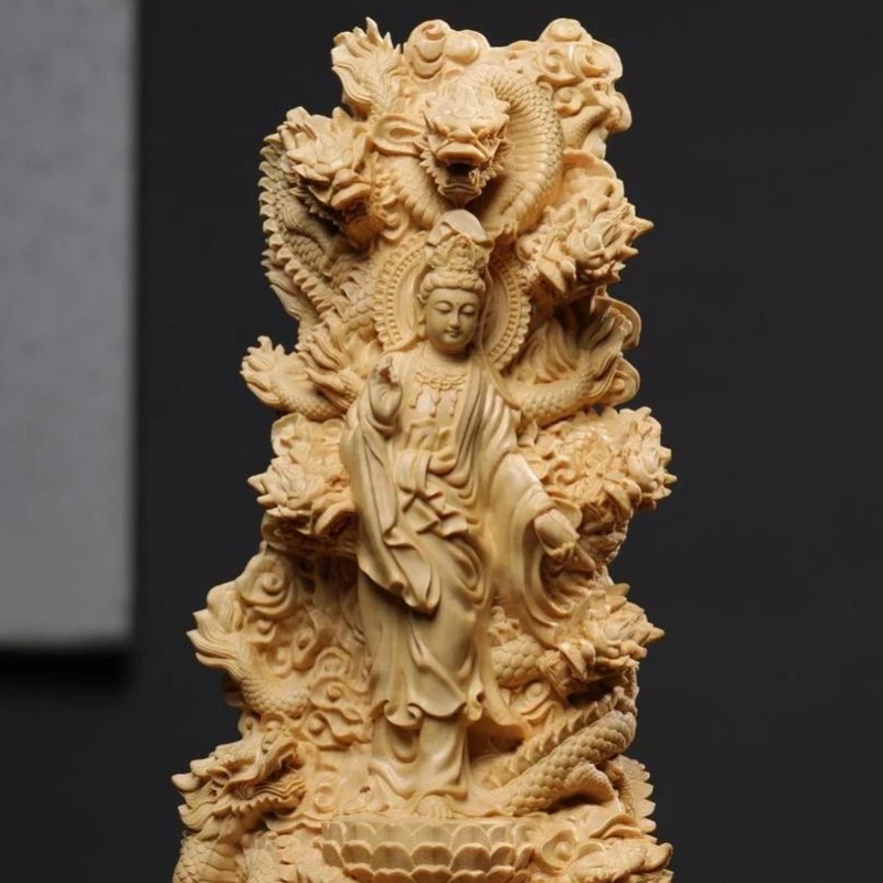 Wooden Carving Nine Dragons Guanyin Ornament Puxian Bodhisattva Household Home Decorations Gift