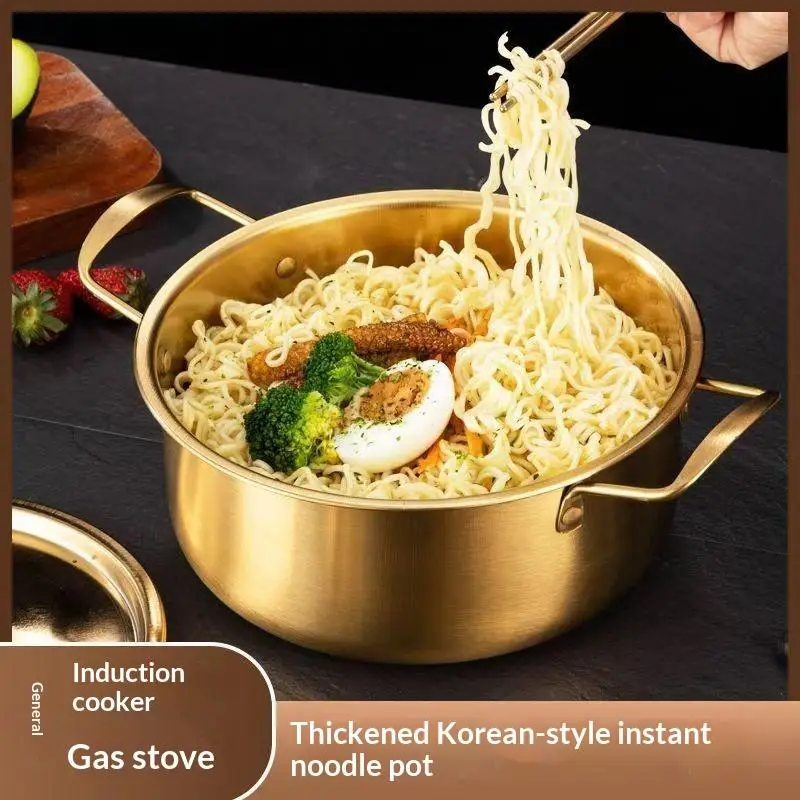 Korean Style Ramen Pot Stainless Steel With Lid Soup Pot Gold Plated Double Ear Hot Pot Camping Cookware