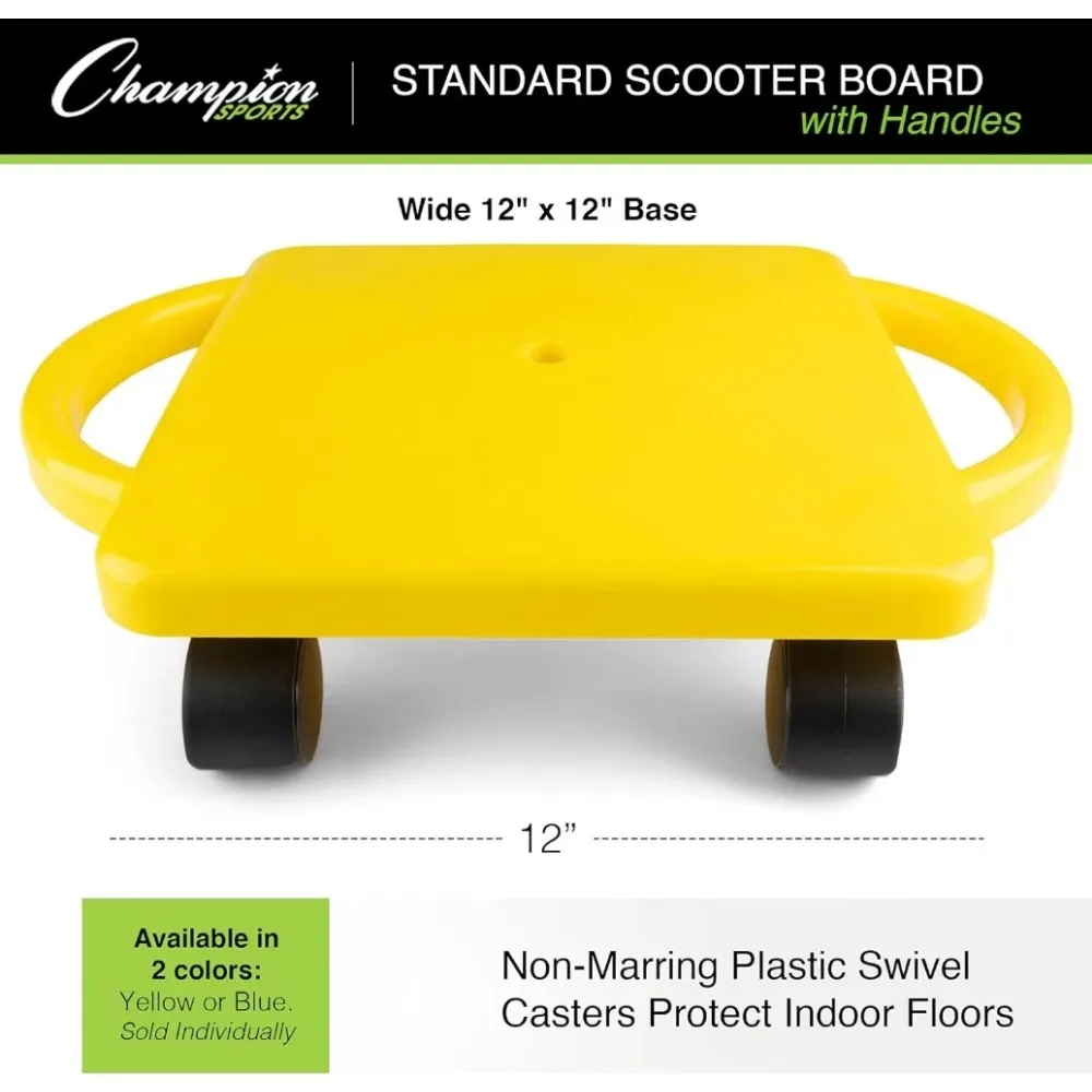 Scooter Board with Handles, Set of 6, Wide 12 x 12 Base - Multi-Colored, Fun Sports Scooters with Non-Marring Plastic Casters