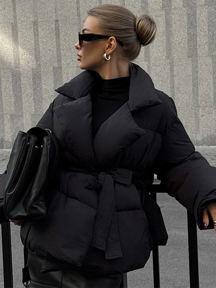 

Элегантные хлопковые пальто, женские короткие куртки с лацканами на шнуровке и длинными рукавами с карманами, осень-зима 202, утепленная теплая женская верхняя одежда