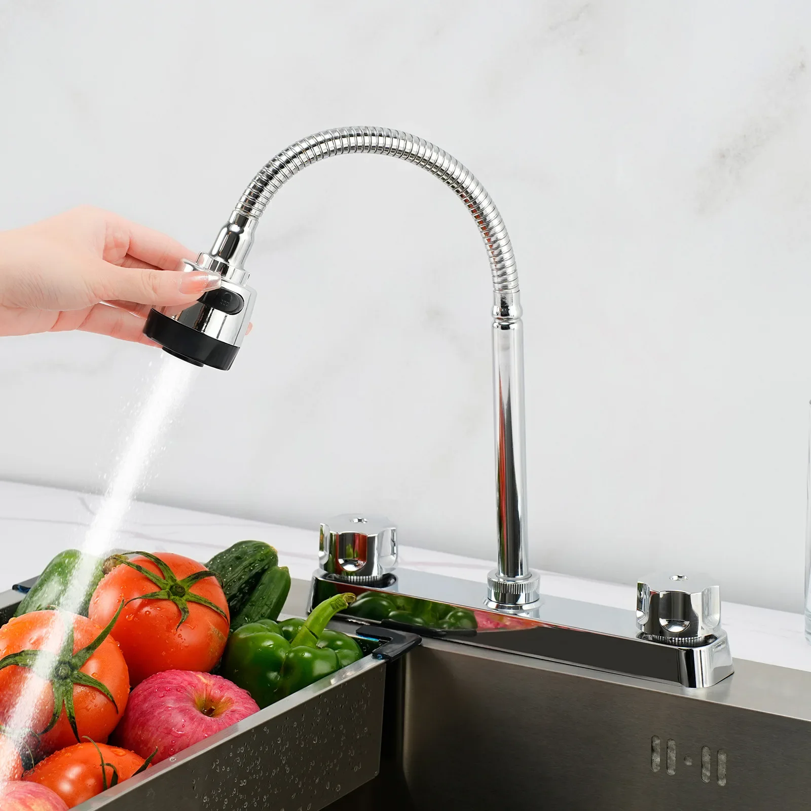 RV 주방 듀얼 인터페이스 수도꼭지 듀얼 핸들 주방 360도 회전 수도꼭지 교체 싱크 수도꼭지 주방 액세서리