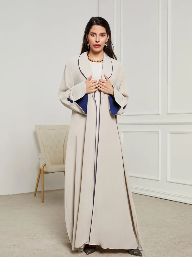 

Soft-Pleated Dress Floor-Length Modest Cardigan Dress Color-Block Button Open Dress Sophisticated Floor-Length Islamic Gown