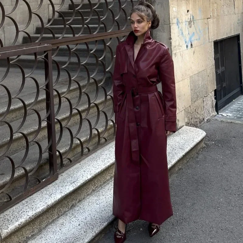 

Women Fashion PU Leather Jacket Coat with Belt Autumn Winter 2025 Loose Long Windbreaker Trench Vintage Pockets Female Outerwear