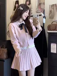 Spring Autumn Women Knitwear Sweater Suit A-line Pleated Mini Skirt +Long-sleeved Knitted Cardigan 2pcs Set Casual Loose Outfit
