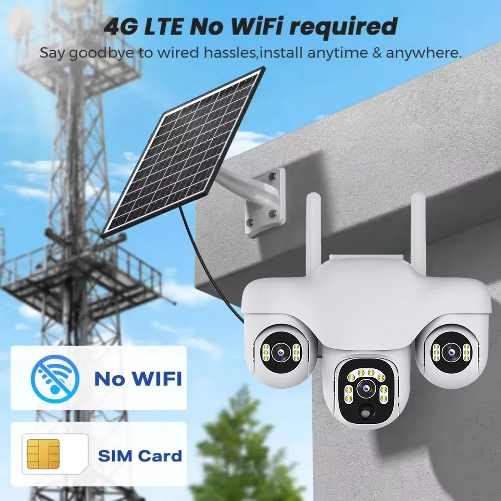 Camera 360° Outdoor 4G Solar Camera 15MP HD Triple Lens Waterproof CCTV Night Vision Two-Way Audio Camera Mobile Tracking IP Cam