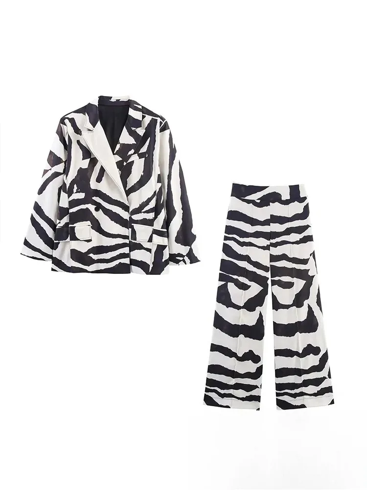 KONDALA خمر زيبرا طباعة النساء الدعاوى الخامس الرقبة المتضخم سترة طويلة عالية الخصر بنطال ذو قصة أرجل واسعة موضة خريف 2025 الشارع الشهير البدلة #3