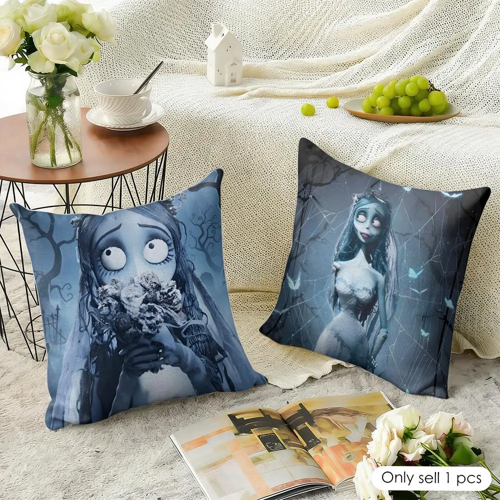 Movie C-Corpse Bride Cushion Cover Natural Linen Organic Fabric Double-Sided Printing Sofa Home Decor Gift Pillow Case