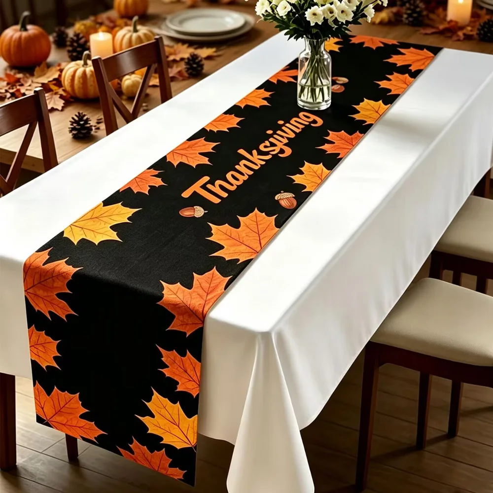 Autumn pumpkin maple leaf table flag paired with white tablecloth, luxurious and high-end Thanksgiving and Halloween decorative