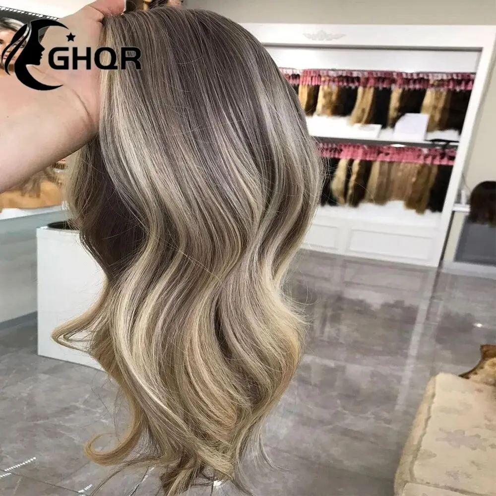 Highlight Human Hair Lace Frontal Wig Brown Ash Blonde full lace Human Hair Wigs Natural Wave Transparent lace Bleached Knows