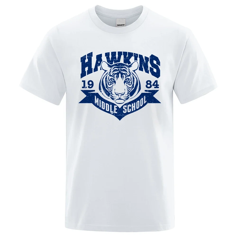 Hawkins Middle School Tigers Funny Printed T-Shirts For Men Loose Cotton Clothing O-Neck Breathable Oversize Short Sleeve Tshirt