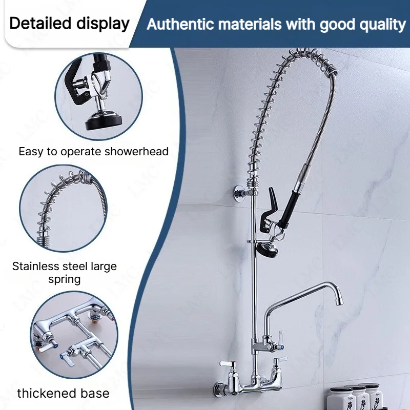Universal Rotating Wall Mounted Spring Pull-Out Kitchen Faucet Stainless Steel Hot Cold Dual-Use for Vegetable Sink Basin