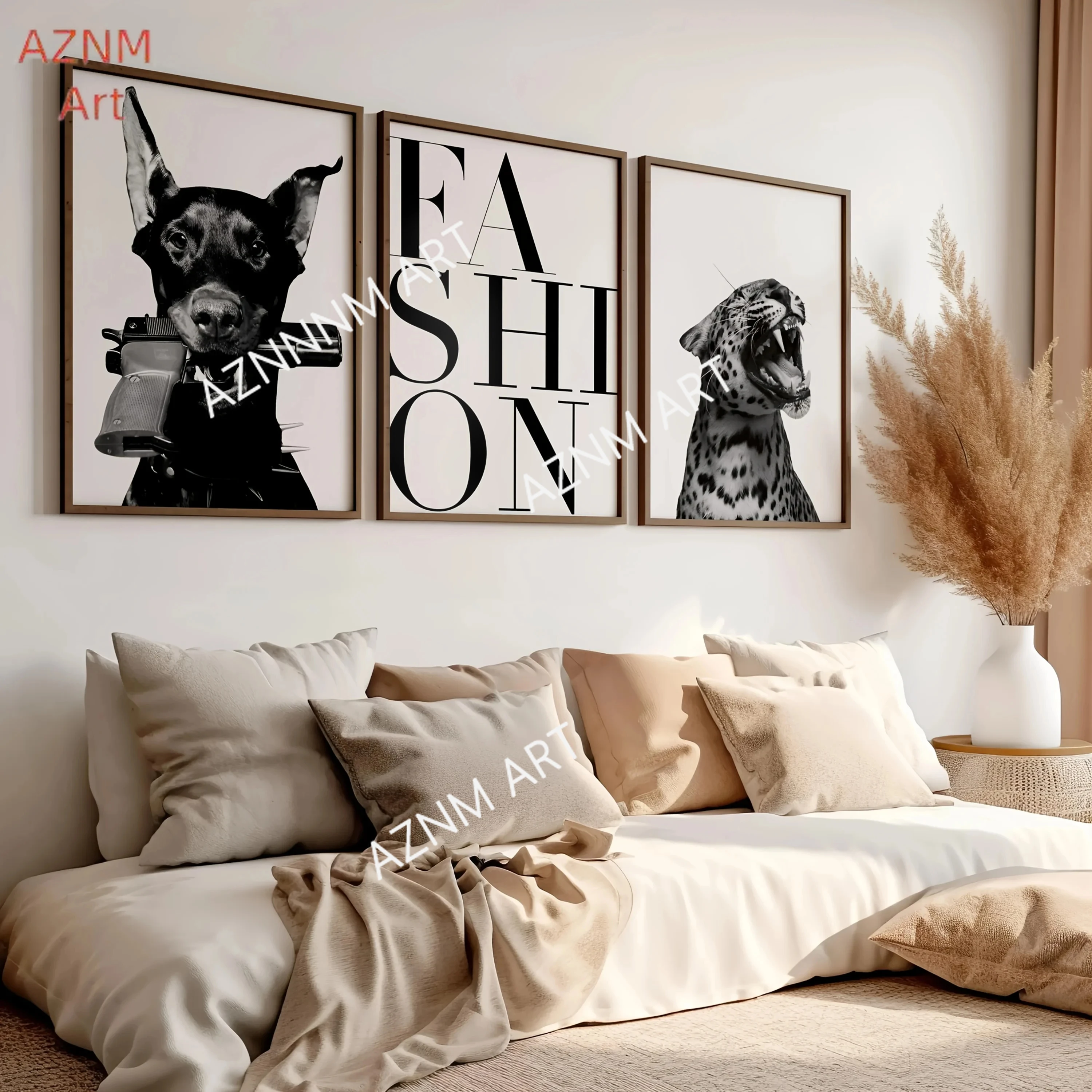 3pcs Frameless Doberman & Leopard Black White Grey Animal Portrait Canvas Wall Art Set - Modern German Shepherd Inspired Posters