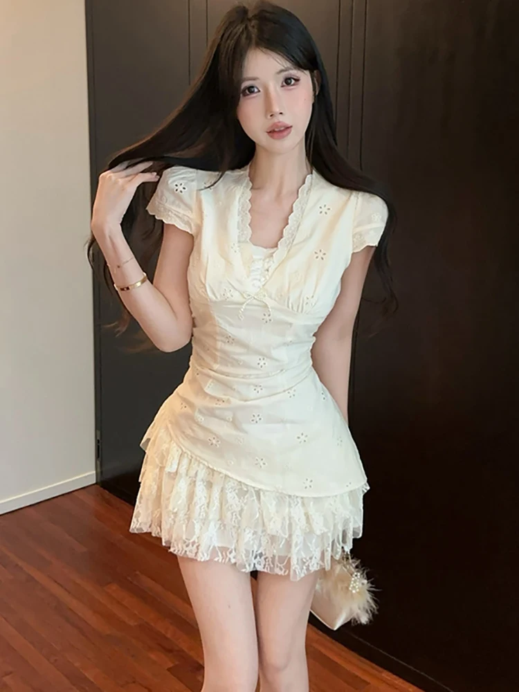 

2025 White Embroidery Patchwork Lace Ruffled Fake Two Piece Dress Women Elegant Chic Dress Summer Korean Bodycon Hip Wrap Dress