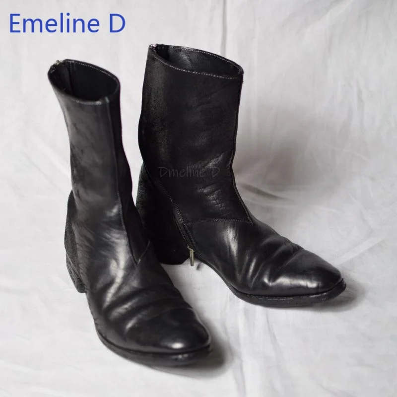 Slim Fit Calf Leather Mid Boots Rear Diagonal Silver Zipper Low Stacked Layer Heel Minimal Street Daily Commute Leather Footwear